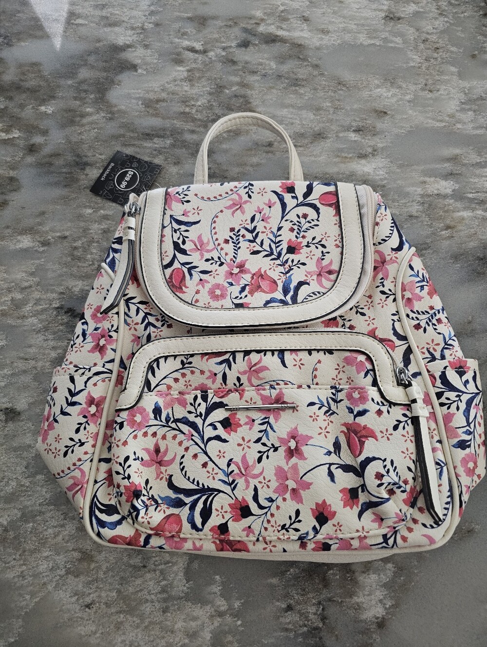 NWT Laura Scott Mini Backpack Cream Pink Navy Blue Floral Vine Purse Sears VTG